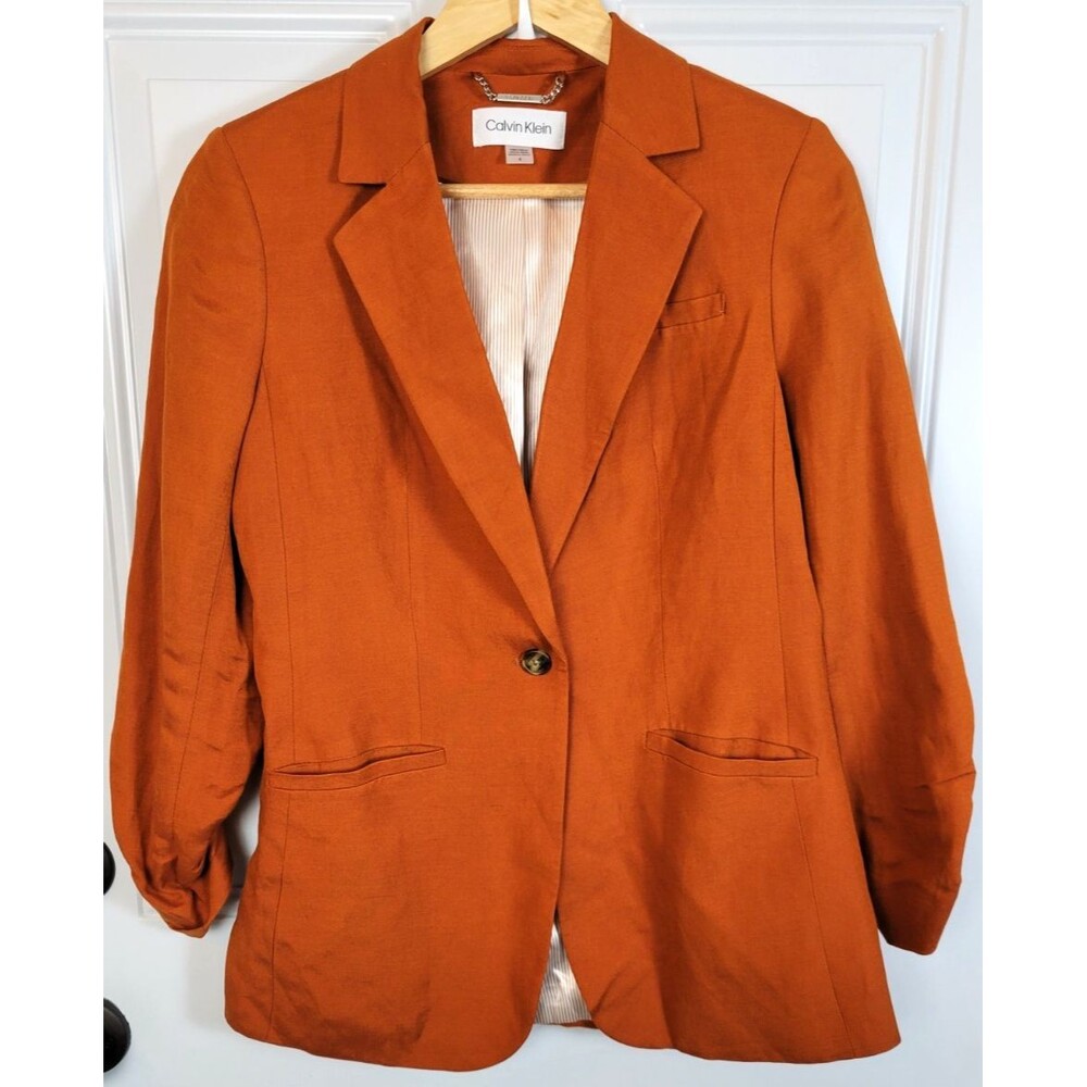 Calvin Klein Womens Linen Blend Blazer Jacket Size 4 Career Business Office